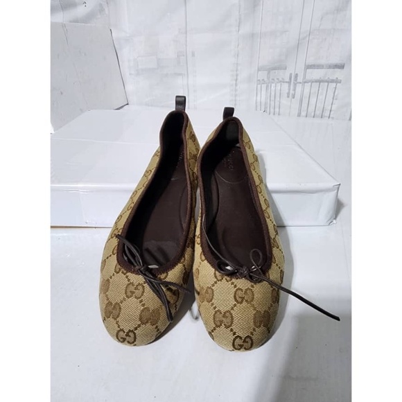 Authentic Gucci GG Canvas Bow Ballet Flats Beige/Brown Size 37 - Picture 1 of 9
